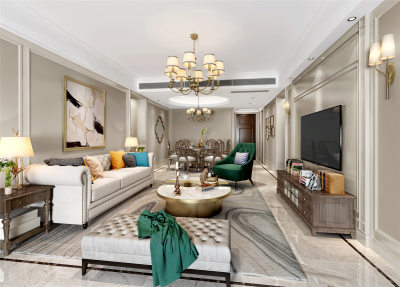 美式客餐厅 吊灯 雕塑摆件 餐桌椅 沙发 茶几 电视柜